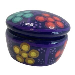 Talavera Mexican Art Pottery Clay Round Trinket Box Preowned 3.25"‎